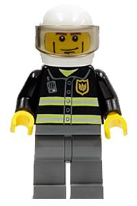 Firefighter Minifigure - Firefighter with reflective stripes, white standard helmet, dark bluish gray legs, and cheek lines - cty0303