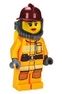Firefighter Minifigure - Firefighter wearing a bright light orange fire suit with utility belt, dark red fire helmet, yellow airtanks, and red lips - cty0304
