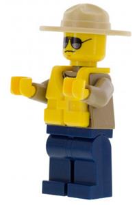 Forest Police Officer Minifigure - Forest police minifigure with a dark tan shirt, dark blue legs, campaign hat, black and silver sunglasses, and a life jacket center buckle - cty0306