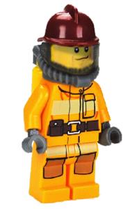Firefighter Minifigure - Firefighter in bright light orange fire suit with utility belt, dark red fire helmet, yellow airtanks, black eyebrows, and chin dimple - cty0307