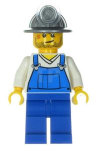 Miner Minifigure - Miner with blue overalls over v-neck shirt and blue legs, wearing a mining helmet with crooked smile and scar - cty0310