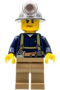 Miner Minifigure - Miner with a shirt featuring a harness and wrench, dark tan legs, wearing a mining helmet with sweat drops - cty0311