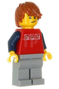 Male in space jacket Minifigure - Minifigure with a red shirt featuring 3 silver logos, dark blue arms, light bluish-gray legs, and dark orange hair - cty0312