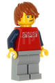 Minifigure with a red shirt featuring 3 silver logos, dark blue arms, light bluish-gray legs, and dark orange hair - cty0312