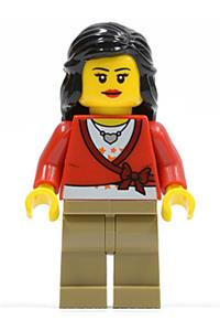 Female with Cropped Sweater - Female minifigure wearing a cropped sweater with a bow, a heart necklace, dark tan legs, and black mid-length hair - cty0313