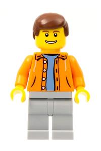 Male Minifigure - Minifigure wears a hooded orange jacket over a light blue sweater, with light bluish gray legs and reddish brown male hair - cty0314