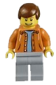 Minifigure wears a hooded orange jacket over a light blue sweater, with light bluish gray legs and reddish brown male hair - cty0314