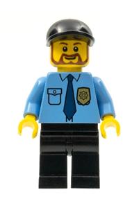 Police Officer Minifigure - A police minifigure with a City shirt featuring a dark blue tie and gold badge, black legs, a black short bill cap, and a brown rounded beard - cty0316