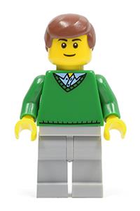 Male in V-Neck Sweater Minifigure - Minifigure with reddish brown hair wearing a green v-neck sweater and light bluish gray legs - cty0318
