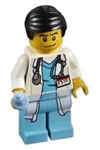 Doctor Minifigure - Doctor with long lab coat over dark azure shirt, wearing a stethoscope and black smooth hair - cty0319
