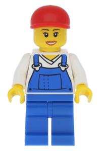 Female in blue overalls Minifigure - Minifigure with blue overalls over a v-neck shirt, blue legs, red short bill cap, and an open mouth smile - cty0321
