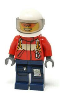 Firefighter Pilot Minifigure - Male firefighter-pilot in red fire suit with carabiner, white helmet, orange sunglasses, and dark blue legs - cty0323