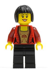Female Minifigure - Female minifigure wearing a corset with gold panel front and lace up back pattern, with black legs and bob cut hair - cty0327