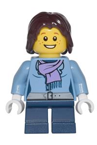 Boy Minifigure - Minifigure with a medium blue jacket, light purple scarf, dark blue short legs, and dark brown mid-length tousled hair - cty0331