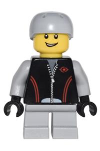 Boy Minifigure - Minifigure wearing a leather jacket with zipper, red lines, and logo pattern, paired with light bluish gray short legs and sports helmet - cty0332