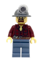 Miner with a flannel shirt with pocket and belt, dark tan legs, and wearing a mining helmet with safety goggles - cty0334