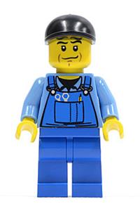 Male Minifigure - Minifigure wearing blue overalls with tools in pocket, a black short bill cap, and featuring a chin dimple - cty0335