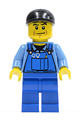 Minifigure wearing blue overalls with tools in pocket, a black short bill cap, and featuring a chin dimple - cty0335