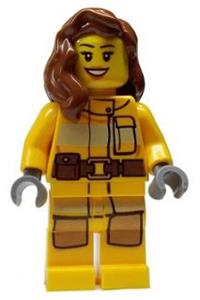 Firefighter Minifigure - Minifigure in bright light orange fire suit with utility belt, wearing reddish brown female hair over shoulder - cty0337