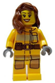 Minifigure in bright light orange fire suit with utility belt, wearing reddish brown female hair over shoulder - cty0337