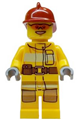 Minifigure wearing a bright light orange fire suit with a utility belt, dark red fire helmet, and orange sunglasses - cty0338