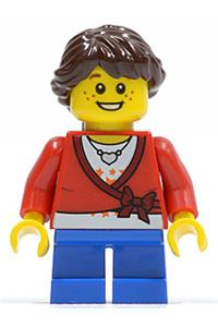 Girl Minifigure - Minifigure with a cropped sweater featuring a bow, wearing a heart necklace, with blue short legs and dark brown hair in a long French braided ponytail, and freckles - cty0339