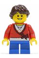 Minifigure with a cropped sweater featuring a bow, wearing a heart necklace, with blue short legs and dark brown hair in a long French braided ponytail, and freckles - cty0339