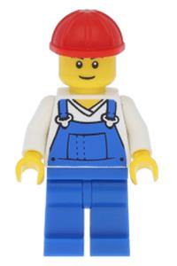 Overalls Blue over V-Neck Shirt, Blue Legs, Red Construction Helmet cty0340