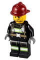 Firefighter with a dark red fire helmet, reflective stripes and utility belt, and a crooked smile with a scar - cty0343