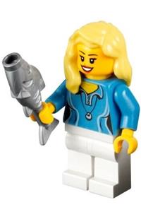 Female Minifigure - Female minifigure wearing a medium blue shirt with two buttons and a shell pendant, white legs, and bright light yellow hair - cty0346