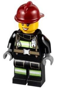 Firefighter Minifigure - Firefighter with dark red fire helmet, black eyebrows, and reflective stripes with utility belt - cty0347