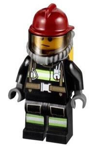 Firefighter Minifigure - Firefighter with dark red fire helmet, reflective stripes and utility belt, yellow airtanks, and sweat drops - cty0348