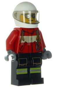 Firefighter Pilot Minifigure - Male pilot firefighter in red fire suit with carabiner, wearing reflective stripes on black legs, white helmet, and silver sunglasses - cty0349
