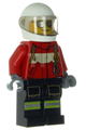 Male pilot firefighter in red fire suit with carabiner, wearing reflective stripes on black legs, white helmet, and silver sunglasses - cty0349