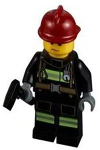Firefighter Minifigure - Firefighter with reflective stripes, utility belt, dark red fire helmet, and sweat drops - cty0351