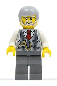 Male Minifigure - Minifigure wearing a pinstripe vest with a red tie and a pocket watch, dark bluish gray legs, and light bluish gray male hair - cty0353