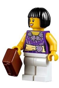 Female Minifigure - Female minifigure wearing a dark purple blouse with gold sash and flowers, white legs, and black bob cut hair - cty0354
