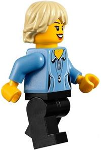 Female Minifigure - Female minifigure with a medium blue shirt with two buttons and a shell pendant, black legs, and tan tousled hair - cty0355