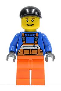 Worker in Orange Overalls - City worker with safety stripe orange overalls, orange legs, black short bill cap, brown eyebrows, and open smile - cty0365