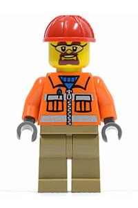 Construction Worker Minifigure - Construction worker with orange zipper and safety stripes, orange arms, dark tan legs, red construction helmet, and safety goggles - cty0366