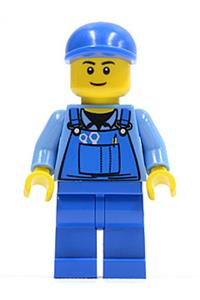 Worker in Blue Overalls Minifigure - Minifigure with blue overalls and tools, wearing a blue short bill cap, and displaying a thin grin - cty0367