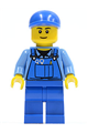Minifigure with blue overalls and tools, wearing a blue short bill cap, and displaying a thin grin - cty0367