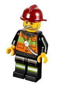 Firefighter Minifigure - Firefighter with reflective stripes, pockets, and shoulder strap, wearing a dark red fire helmet and a light brown angular beard - cty0369