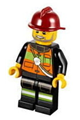 Firefighter with reflective stripes, pockets, and shoulder strap, wearing a dark red fire helmet and a light brown angular beard - cty0369