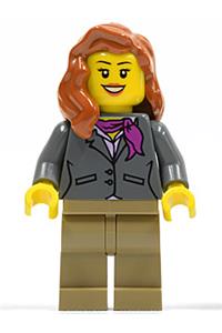 Female in Gray Jacket with Magenta Scarf - Minifigure with dark bluish gray jacket, magenta scarf, dark tan legs, and dark orange female hair over shoulder - cty0370