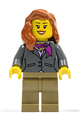 Minifigure with dark bluish gray jacket, magenta scarf, dark tan legs, and dark orange female hair over shoulder - cty0370