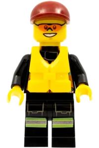 Firefighter Minifigure - Firefighter wearing a reflective stripe vest with pockets and shoulder strap, dark red short bill cap, and life jacket center buckle - cty0371