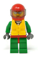 Minifigure with Octan logo wearing a jacket with red and green stripes, red hips, green legs, red helmet, and accessories - cty0373