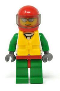 Octan Racer Minifigure - Minifigure with Octan branding wearing a red helmet with a trans-black visor, a jacket with red and green stripes, and red hips with green legs, sporting a smirk and stubble beard with a life jacket center buckle - cty0374