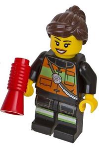 Firefighter Minifigure - Female firefighter with dark brown ponytail and swept sideways fringe, wearing a reflective stripe vest with pockets and shoulder strap - cty0379